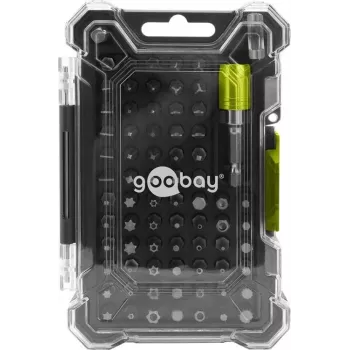 Set de 72 de piese cu suport de biți Goobay Tools, suport magnetic cu schimbare rapidă, biți din oțel S2, antrenare hexagonală 1/4 inch, plat, Phillips, Pozidriv, Torx, Security Torx, Hex, Security Hex, Square, Spanner, Tri-Wing, Torq-Set, biți 25 mm, 77843