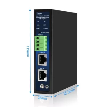 Splitter/extractor PoE industrial ALLNET IEEE 802.3bt Type 4, 90W, ieșire selectabilă 5V/9V/12V/24V, Gigabit Ethernet, montaj pe șină DIN/perete (ALL-PSI104G-BT90-PD)