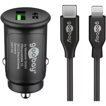 Set încărcător auto rapid dual-USB Goobay Lightning 27 W - încărcător auto USB-C și USB-A cu cablu USB-C la Lightning 72166
