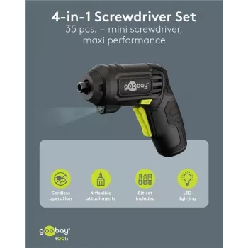 Set de șurubelniță mini cu acumulator Goobay 77817 4 în 1, 35 piese, formă de pistol, cu 4 accesorii