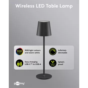 Lampă de masă LED fără fir Wentronic Goobay, mărimea M, 38 cm, RGBW, neagră (76569)