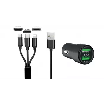Încărcător auto dual USB IWH 3 în 1 12/24V 3,4A negru (19061)