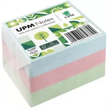 Blocuri de note adezive UPM Notes 5654-20PG-6 pastel 75x75 mm, 100 file, sortate, 6 blocuri