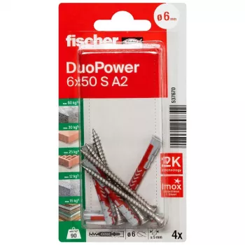 Diblu universal Fischer DuoPower 6 x 50 S A2 K NV cu șurub oțel inox A2, 1 set (537670)