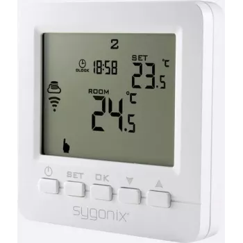 Termostat de cameră wireless Sygonix, montaj îngropat, cu program săptămânal, 5-35°C, 868 MHz, releu 16A, alb (SY-4500820)