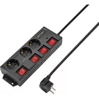 Prelungitor Sygonix RF-4737788 cu întrerupător, 6 prize Schuko, cablu 1,5 m, negru