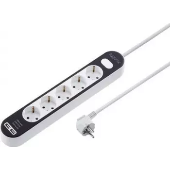 Prelungitor cu 5 prize Sygonix SY-4538276 cu întrerupător iluminat, cablu 1,5 m, alb/negru
