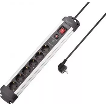 Prelungitor cu protecție la supratensiune SYGONIX SY-4755612, 6 prize Schuko, protecție la supracurent, argintiu/negru, cablu 1,5 m