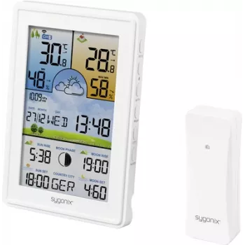Stație meteo digitală Sygonix SY-5509564 cu prognoză pe 12-24 ore, ceas DCF, temperatură și umiditate interior/exterior, faza lunii, avertizare de îngheț, suport pentru senzor pe 3 canale