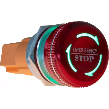 Buton de oprire de urgență JOY-IT Button22NA-02, cu blocare, montaj 22 mm, 220 V, cap ciupercă roșu, guler verde, IP67, IK10