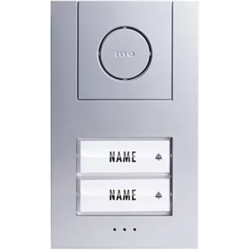 Set complet de interfon audio cu fir M-E MODERN-ELECTRONICS 41186 pentru 2 unități locative – stație exterioară argintie, stații interioare albe, magistrală cu 2 fire, funcție de deschidere a ușii