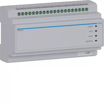 Comutator de sistem cu 2 fire Hager RTD210X, 6 căi, pentru interfon IP Hager, șină DIN, 4 module, gri deschis