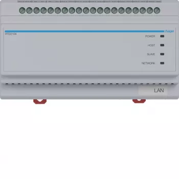 Comutator de sistem cu 2 fire Hager RTD210X, 6 căi, pentru interfon IP Hager, șină DIN, 4 module, gri deschis