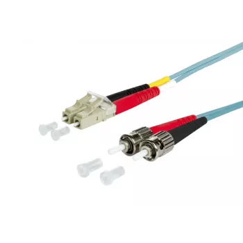 Cablu patch din fibră optică multimod METZ BTR 151J1JOAO10E OpDAT OM3 LC-Duplex la 2x ST, 1m, aqua, LSZH