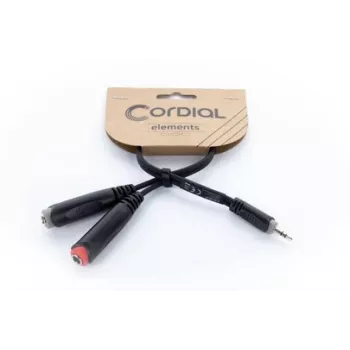 Cablu adaptor audio Y Cordial 14892, jack stereo tată 3,5 mm la două mufe jack mono 6,3 mm, 0,3 m, PVC negru