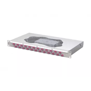 Patch panel de splice pentru fibră optică METZ CONNECT 24 de porturi LC-Duplex OM4, montaj în rack 1U 19 inch, gri deschis 1504577524-E