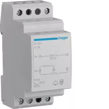 Hager ST301 Transformator de sonerie 230V la 8V/12V AC, 0,5A, șină DIN