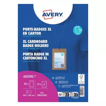 Set de suporturi pentru ecuson Avery 4839XL cu șnur de gât, A6, 105 x 148 mm, 50 de seturi, șnururi albastre