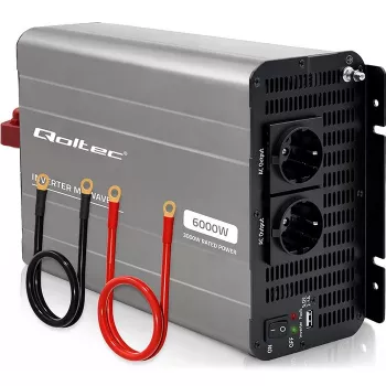 Invertor de tensiune Qoltec cu undă sinusoidală modificată 12V la 230V 3000W/6000W cu USB, compatibil cu LiFePO4 GEL AGM