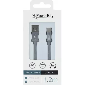 Cablu de date PowerRay PR-DCUC120TGY USB-A la USB-C 1,2 m textil gri împletit încărcare rapidă și sincronizare date 5 Gbps