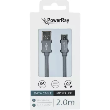 Cablu de date PowerRay USB la Micro-USB, 2 m, textil gri, blister PR-DCUM200TGY