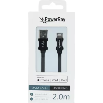 Cablu împletit PowerRay PR-DCUL200TBK certificat MFi USB-A la Lightning, 2 m, negru
