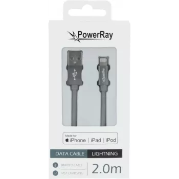 Cablu împletit PowerRay PR-DCUL200TGY certificat MFi USB-A la Lightning 2m textil gri