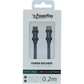 Cablu de date PowerRay USB-C la Lightning 0,2m textil gri PR-DCCL020TGY