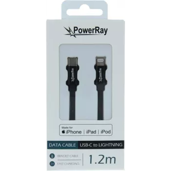 Cablu de date și încărcare împletit PowerRay USB-C la Lightning MFi 1,2m negru PR-DCCL120TBK