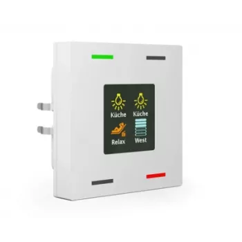 Buton de sticlă KNX Smart 63 MDT BE-TAS63T4.01 cu 4 canale, cu afișaj color și senzor de temperatură, Studio White Glossy