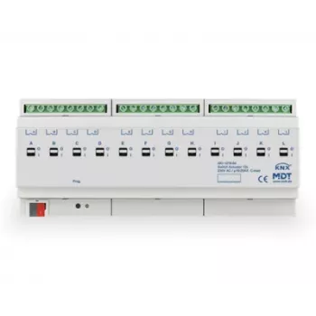 MDT AKI-1216.04 actuator de comutare KNX, 12 canale, 12 TE șină DIN, 16/20 A, 230 V AC, sarcină capacitivă 200 µF