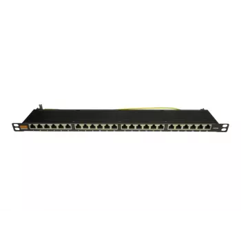 Patch panel 19 inch ultraplat IT-BUDGET, 0,5U, complet ecranat, Cat.6A, 24 porturi, PoE++, negru (90ITBPP6A05S)