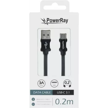 Cablu de date și încărcare PowerRay PR-DCUC020TBK USB-A la USB-C, 0,2 m, textil negru, blister