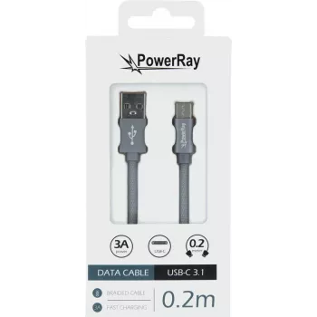 Cablu de date PowerRay PR-DCUC020TGY, USB-A la USB-C, 0,2 m, textil gri, blister