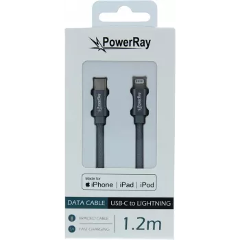 Cablu împletit PowerRay USB-C la Lightning certificat MFi 1,2 m gri PR-DCCL120TGY