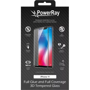 Folie de protecție pentru ecran PowerRay Ultra Durable 3D Full Glue din sticlă pentru iPhone 11, negru, blister PR-3DFGIPH11BL