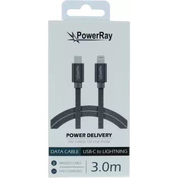 Cablu împletit PowerRay USB-C la Lightning 3 m, textil, gri PR-DCCL300TGY
