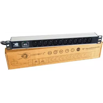 PDU pentru rack Liebernetz 19 inch, 12 prize C13, protecție la supratensiune, ștecher SCHUKO, aluminiu, negru 90LNSDL1912KKSP