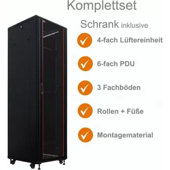 Set complet dulap de rețea IT-BUDGET 19 inch SRK 38U 600x800 mm ușă din sticlă/oțel 4 ventilatoare active PDU rafturi flatpack negru 90ITB19SRK3868GS