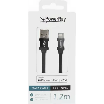 Cablu de date și încărcare PowerRay PR-DCUL120TBK USB-A la Lightning, MFi, nailon împletit, 1,2 m, negru