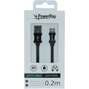 Cablu de date/încărcare PowerRay USB-A la Lightning 0,2 m textil negru PR-DCUL020TBK