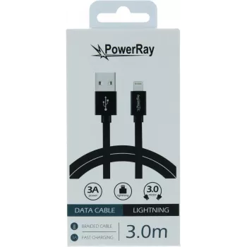 Cablu de date PowerRay USB la Lightning 3 m textil negru PR-DCUL300TBK