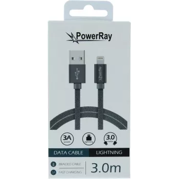 Cablu de date și încărcare PowerRay USB la Lightning 3 m textil gri PR-DCUL300TGY
