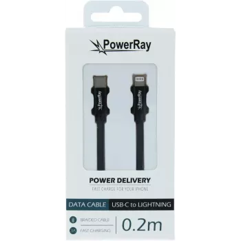 Cablu de date PowerRay PR-DCCL020TBK USB-C la Lightning, 0,2 m, textil negru, blister
