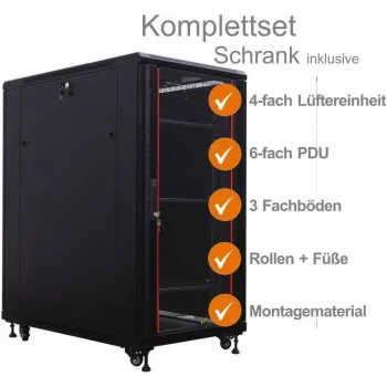 Dulap de rețea 19 inch IT-BUDGET SRK set complet 27U 600x600mm ușă din sticlă/oțel 4 ventilatoare PDU rafturi flatpack negru 90ITB19SRK2766GS