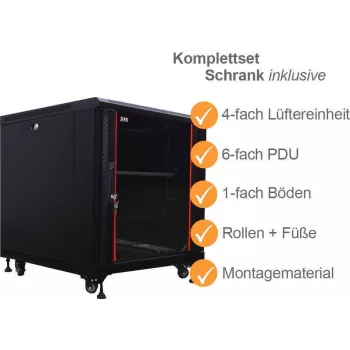 Rack de server 19 inch IT-BUDGET SRK set complet 12U 600x1000 mm ușă din sticlă/oțel 4 ventilatoare active PDU rafturi premontat negru 99ITB19SRK12610GSM