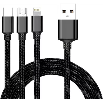 Cablu USB 3 în 1 de încărcare și date CYOO - Micro USB, USB-C, Lightning - negru