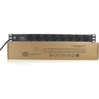 Prelungitor de prize Liebernetz 19 inch pentru rack cu 8 prize Schuko, protecție la supratensiune, 1U, aluminiu, negru 90LNSDL198SSP