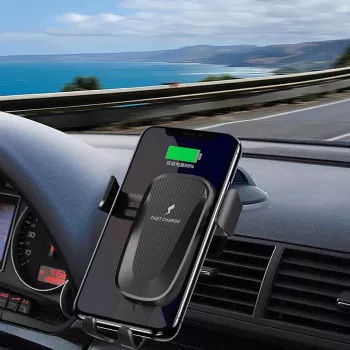Suport auto cu încărcare wireless CYOO CY120792 Qi 15W cu clemă automată și rotație 360°