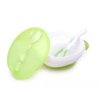 Bol cu ventuză cu capac și lingură termică Kidsme, verde lime, 9m+